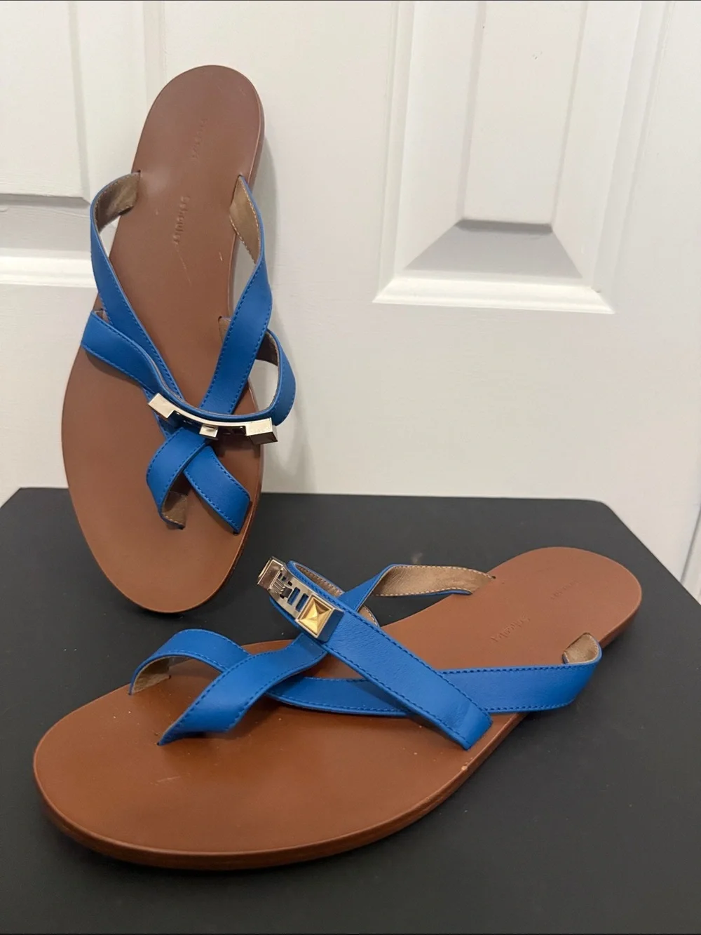 Proenza Schouler Blue Leather Crisscross w/ Toe Ring Slide Sandals - Women's